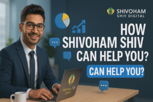 The image is a promotional graphic featuring a smiling, professional man wearing a suit, tie, and glasses, seated at a desk and working on a laptop. The background is a dark blue wall. A white mug is visible in the bottom left corner. The right side of the image contains text and graphics related to digital marketing. The logo for "SHIVOHAM SHIV DIGITAL" is at the top right. The main text overlay asks: "HOW SHIVOHAM SHIV CAN HELP YOU?" with a repetition of "CAN HELP YOU?" below it in a blue rectangular box. Graphics include a pie chart, a bar graph with an upward trend, and several blue speech bubbles (chat icons). The laptop screen also displays the company logo and name, "Shivoham Shiv Digital."